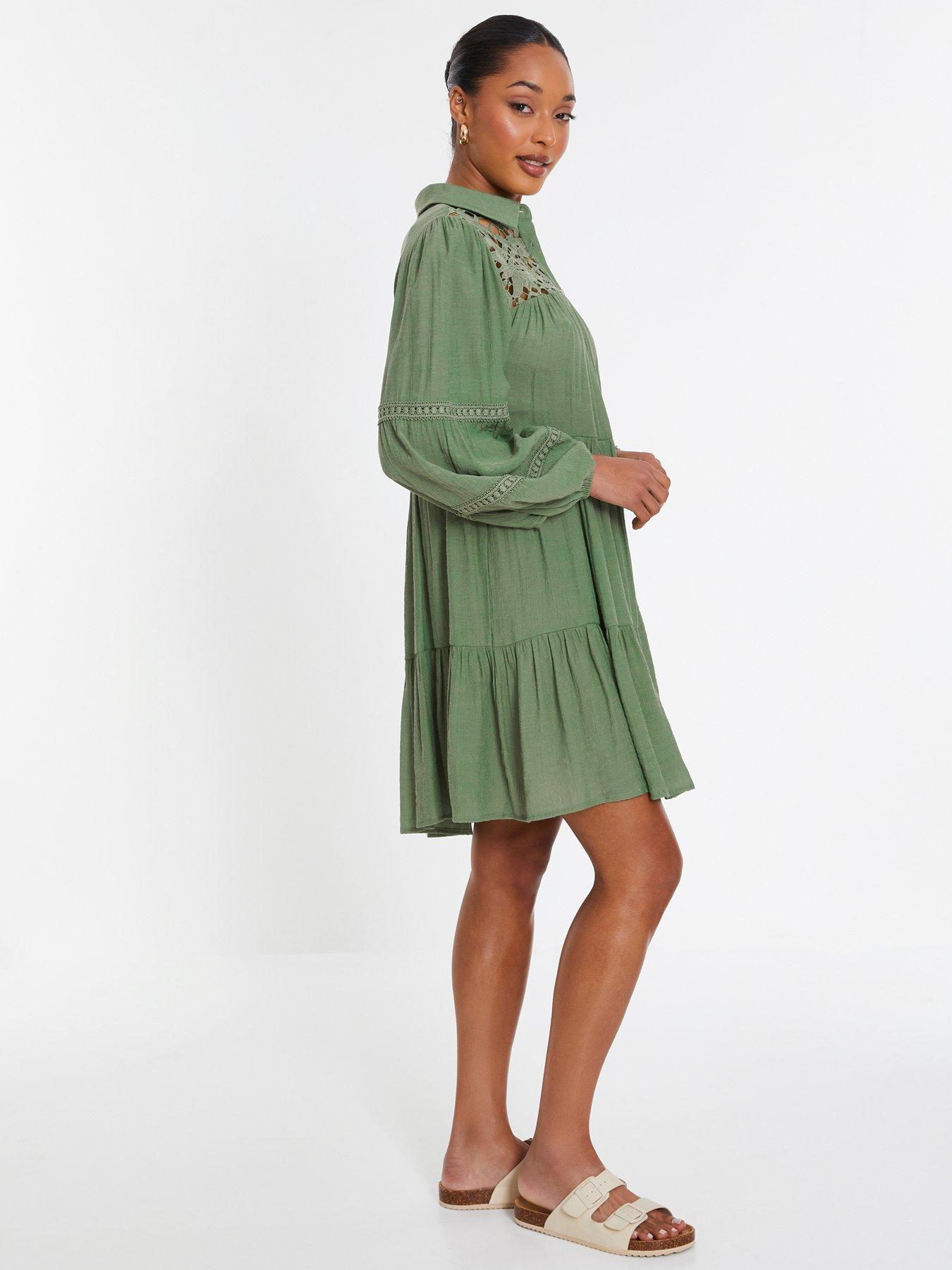 Image 3 of 6 of Quiz Khaki Crochet Mini Shirt Dress
