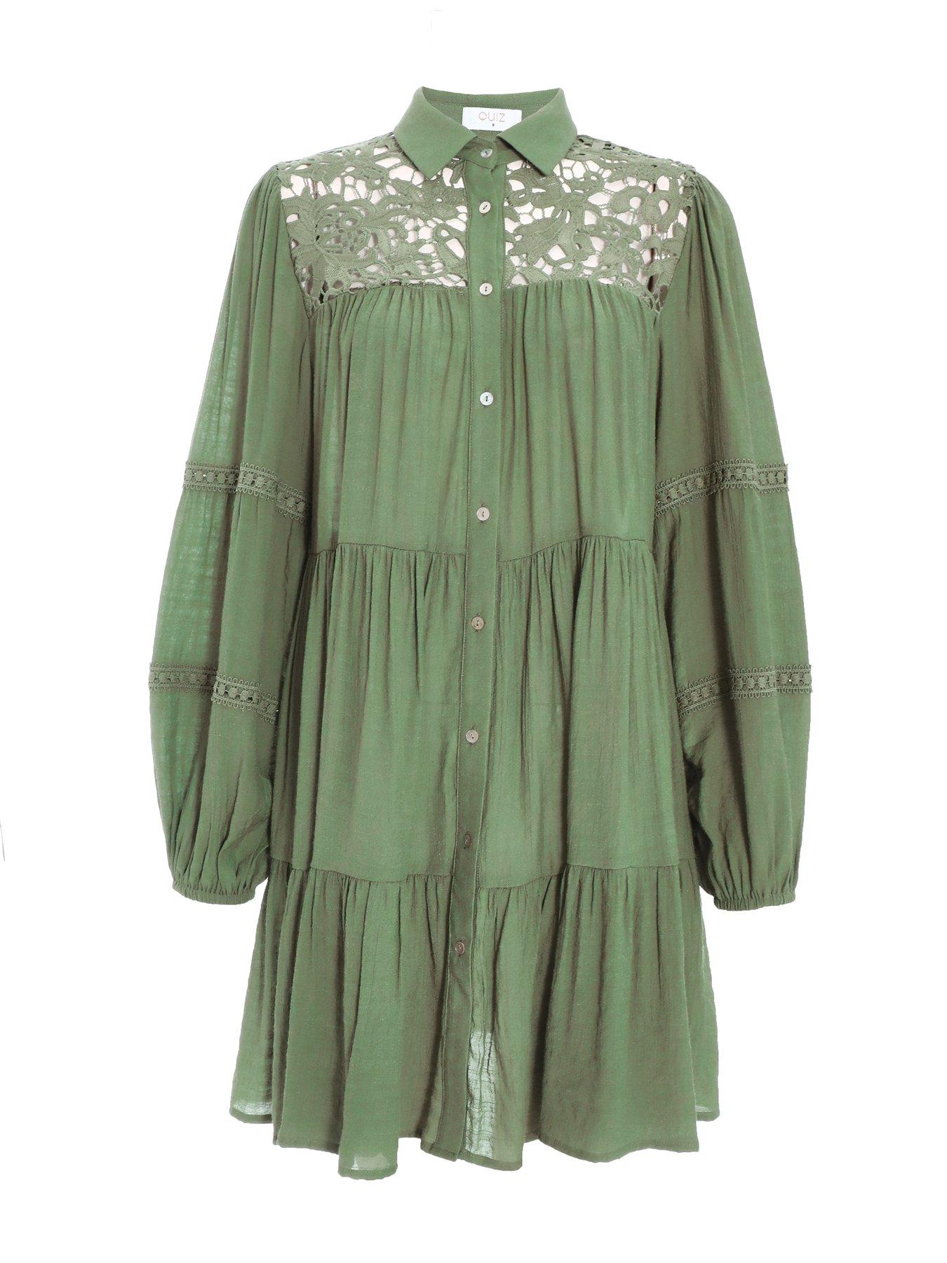 Image 5 of 6 of Quiz Khaki Crochet Mini Shirt Dress