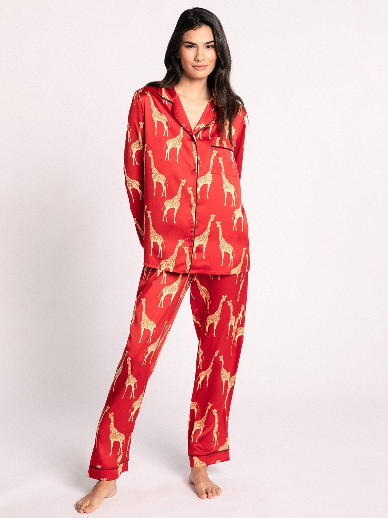 CHELSEA PEERS Red Satin Giraffe Button Up Pyjama Set - Red