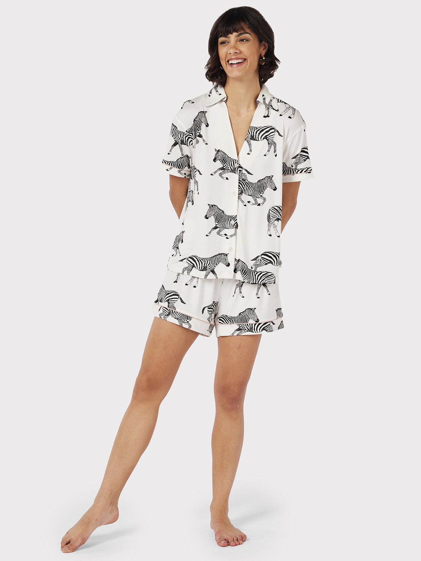 undefined White Zebra Print V-neck Button Up Short Pyjama Set - White