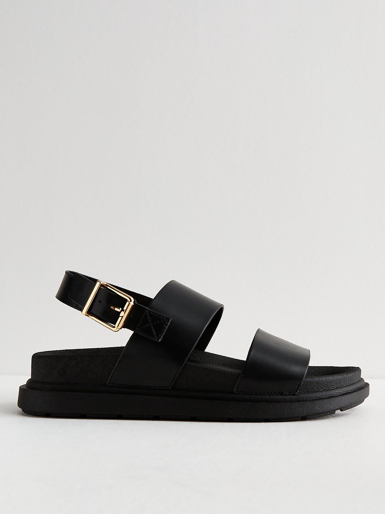 New Look Wide Fit Black Leather-look 2 Part Chunky Sandals | Very.co.uk