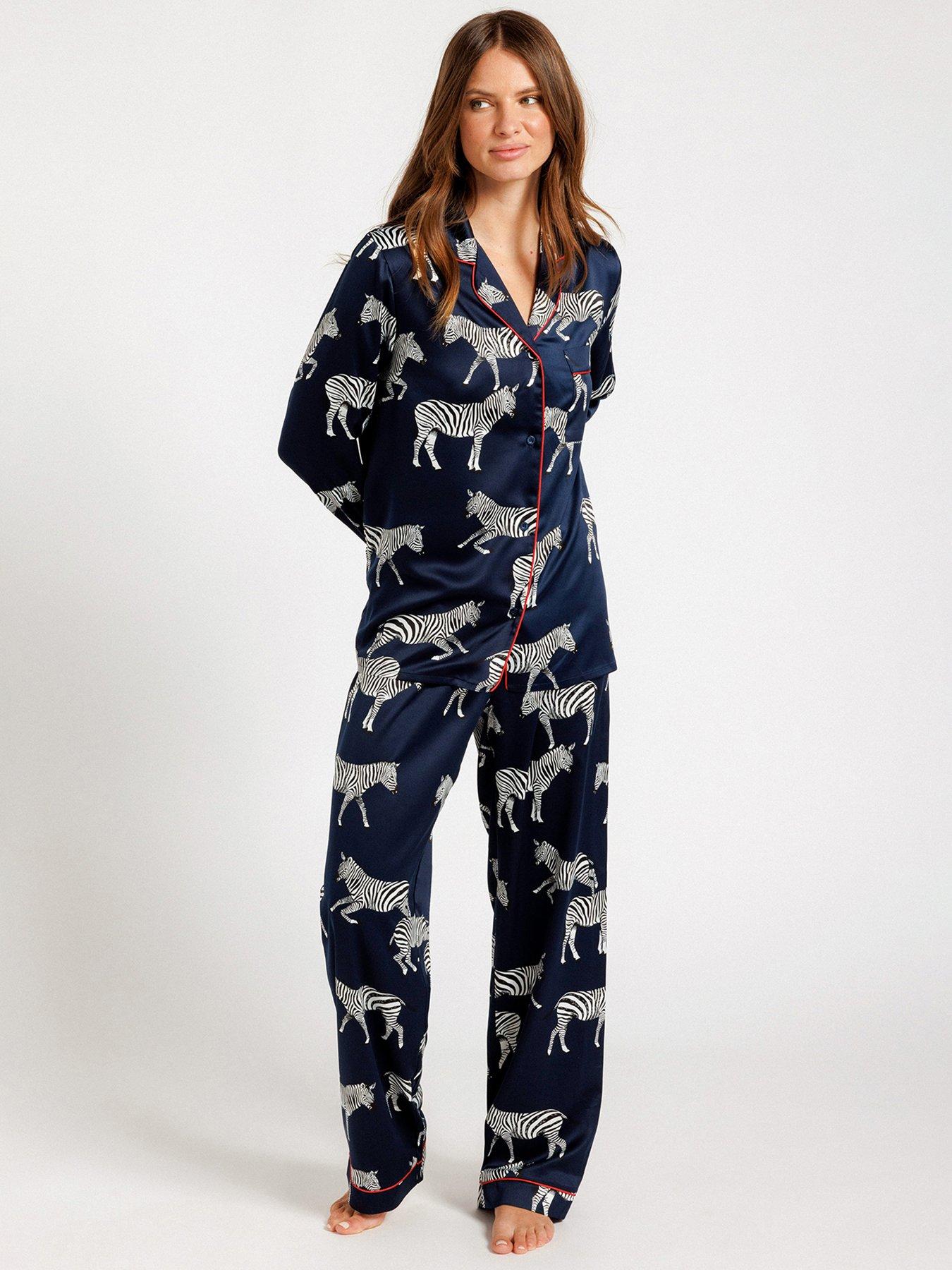 undefined Navy Zebra Satin Button Up Pyjama Set - Navy