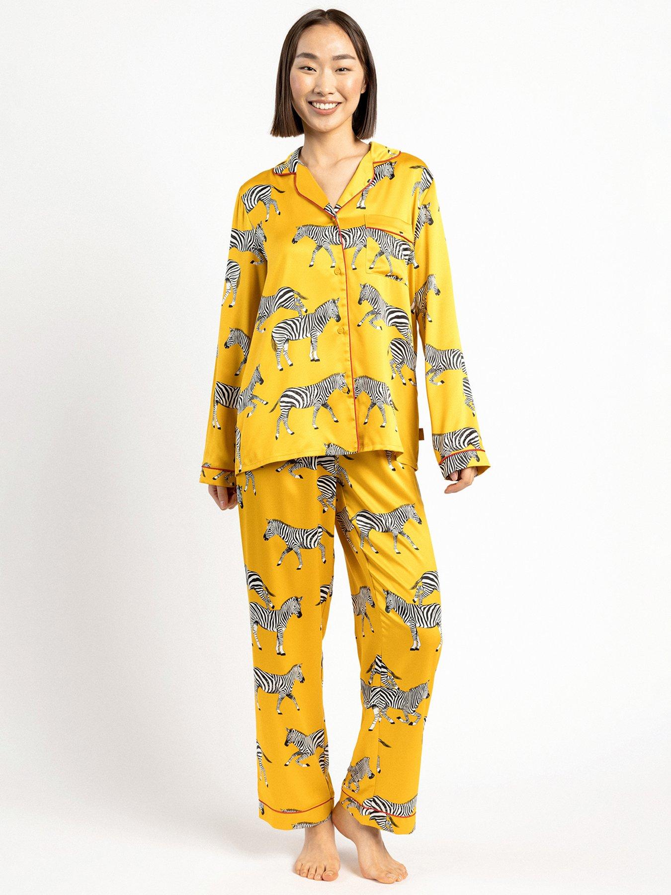 undefined Mustard Zebra Satin Button Up Pyjama Set - Mustard