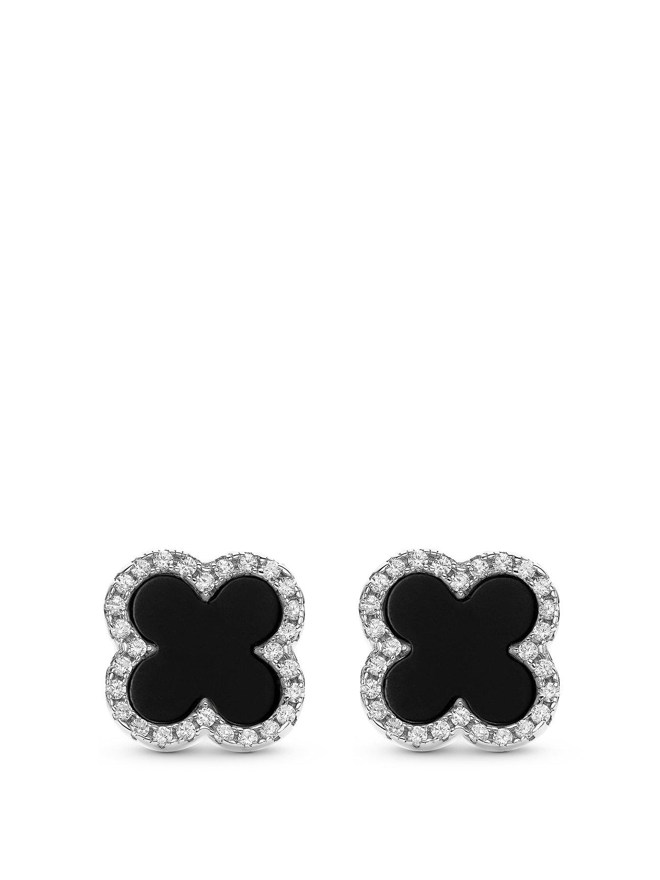 Beaverbrooks Silver Cubic Zirconia Onyx Clover Stud Earrings
