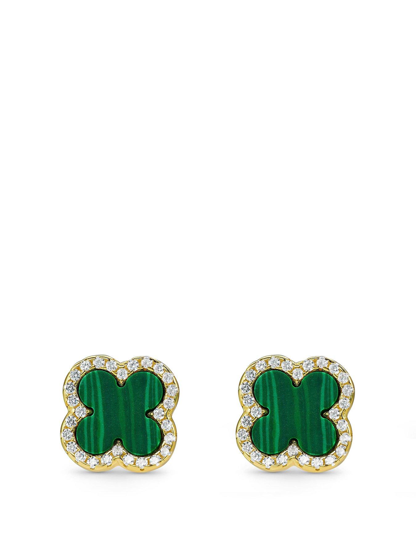 undefined Yellow Gold Plated Cubic Zirconia Malachite Clover Stud Earrings