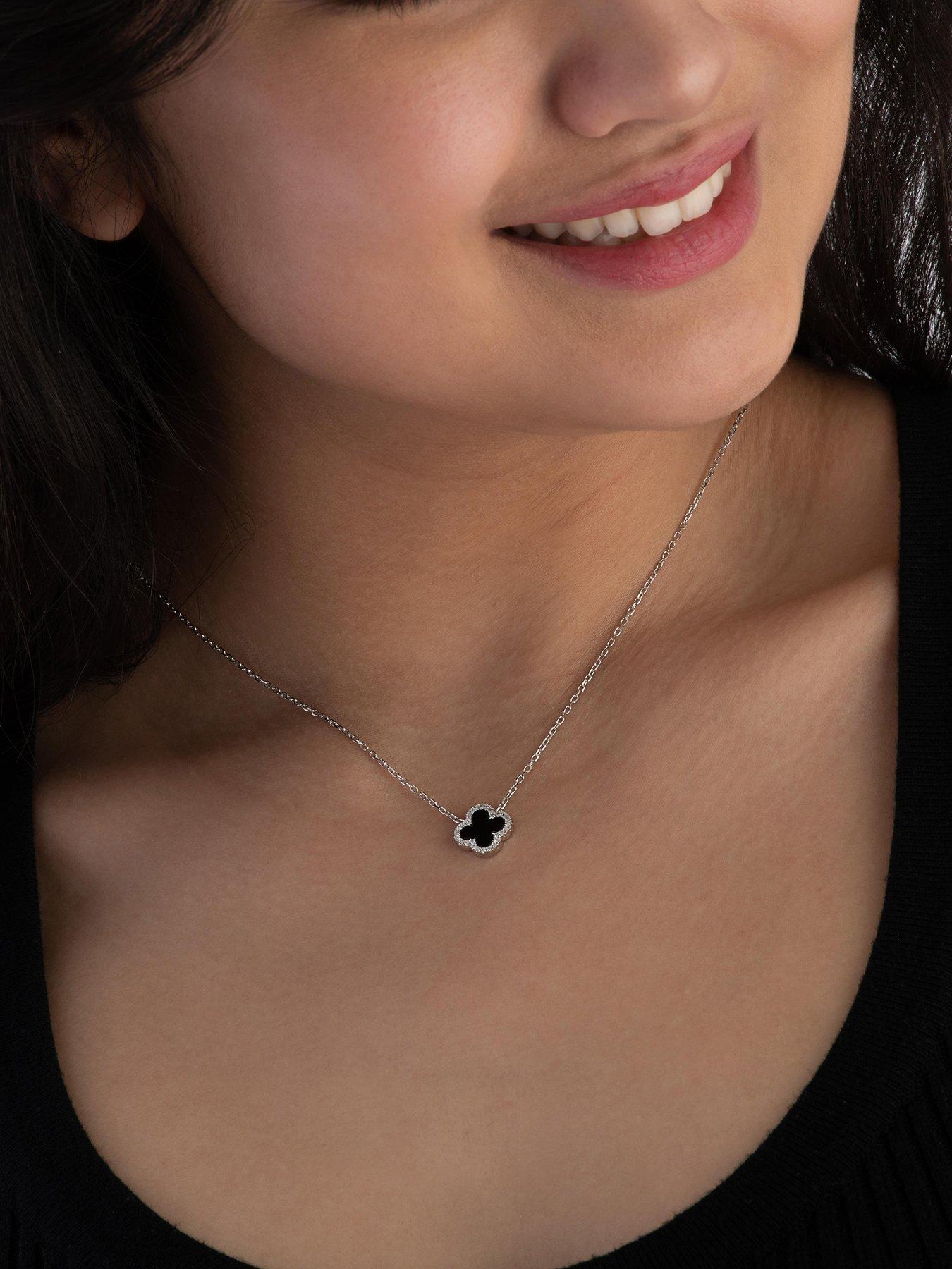 Beaverbrooks Silver Cubic Zirconia Onyx Clover Necklace Very