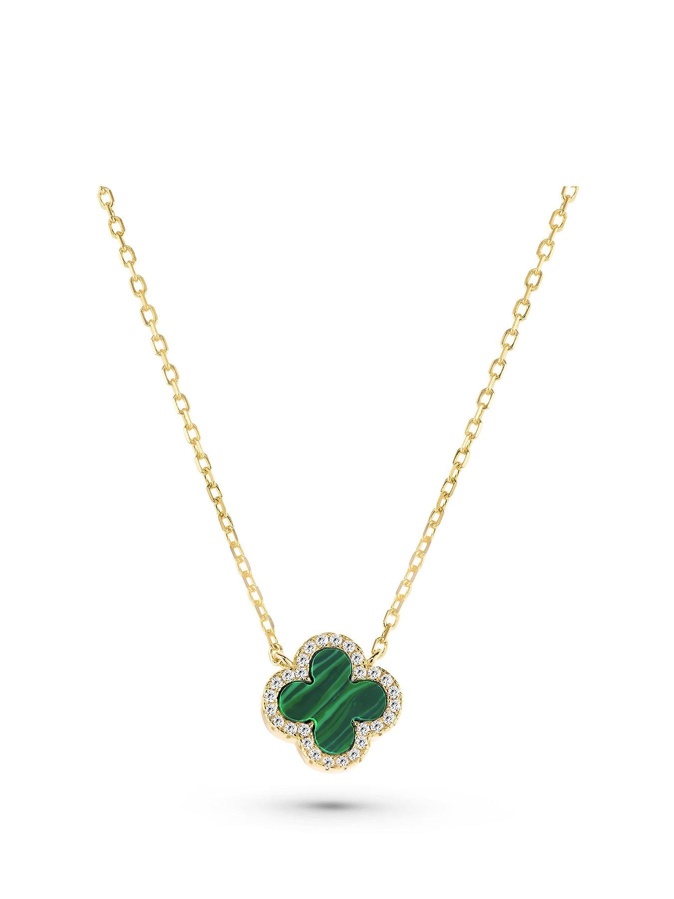 undefined Yellow Gold Plated Cubic Zirconia Malachite Clover Necklace