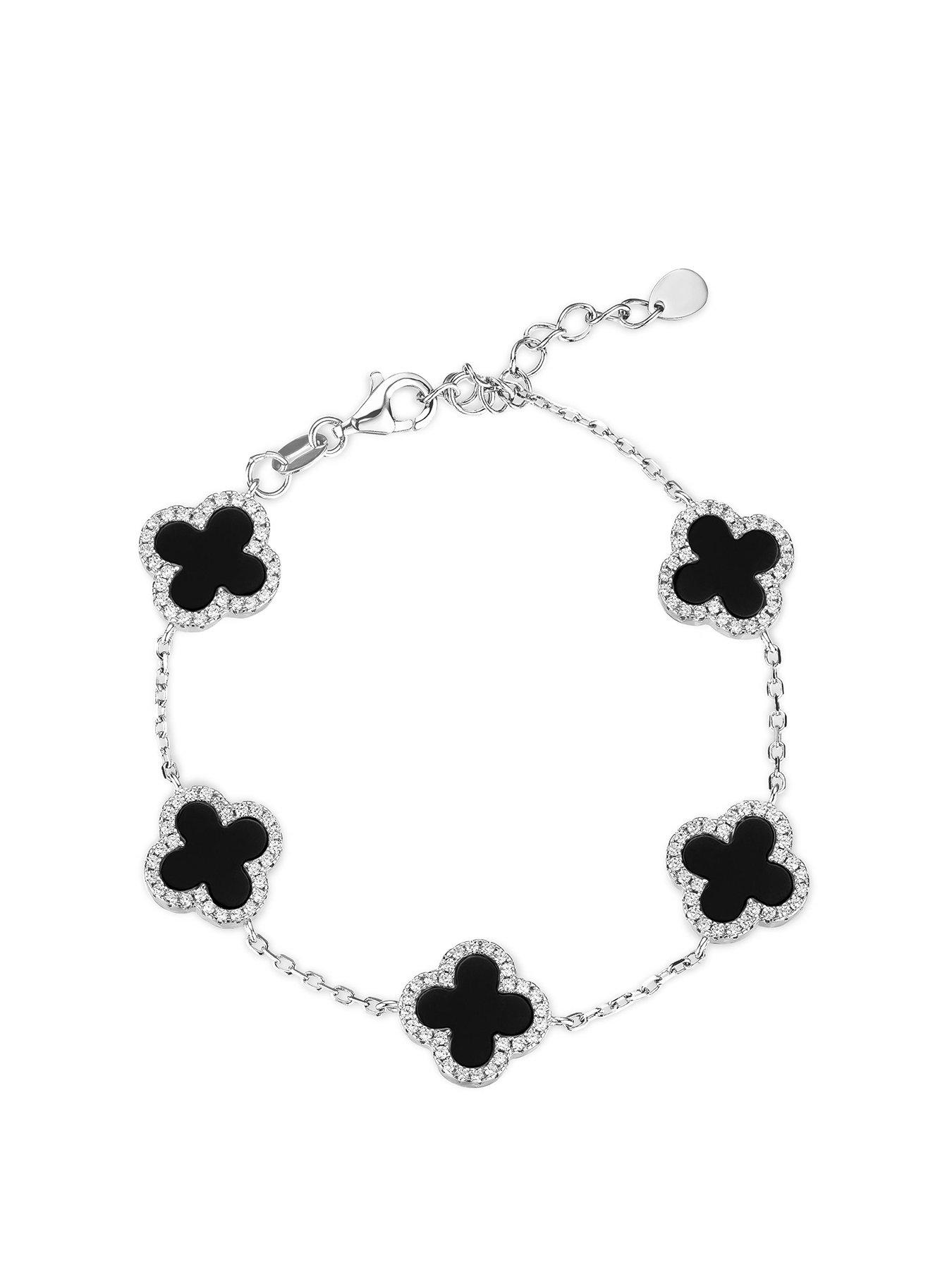 undefined Silver Cubic Zirconia Onyx Clover Bracelet
