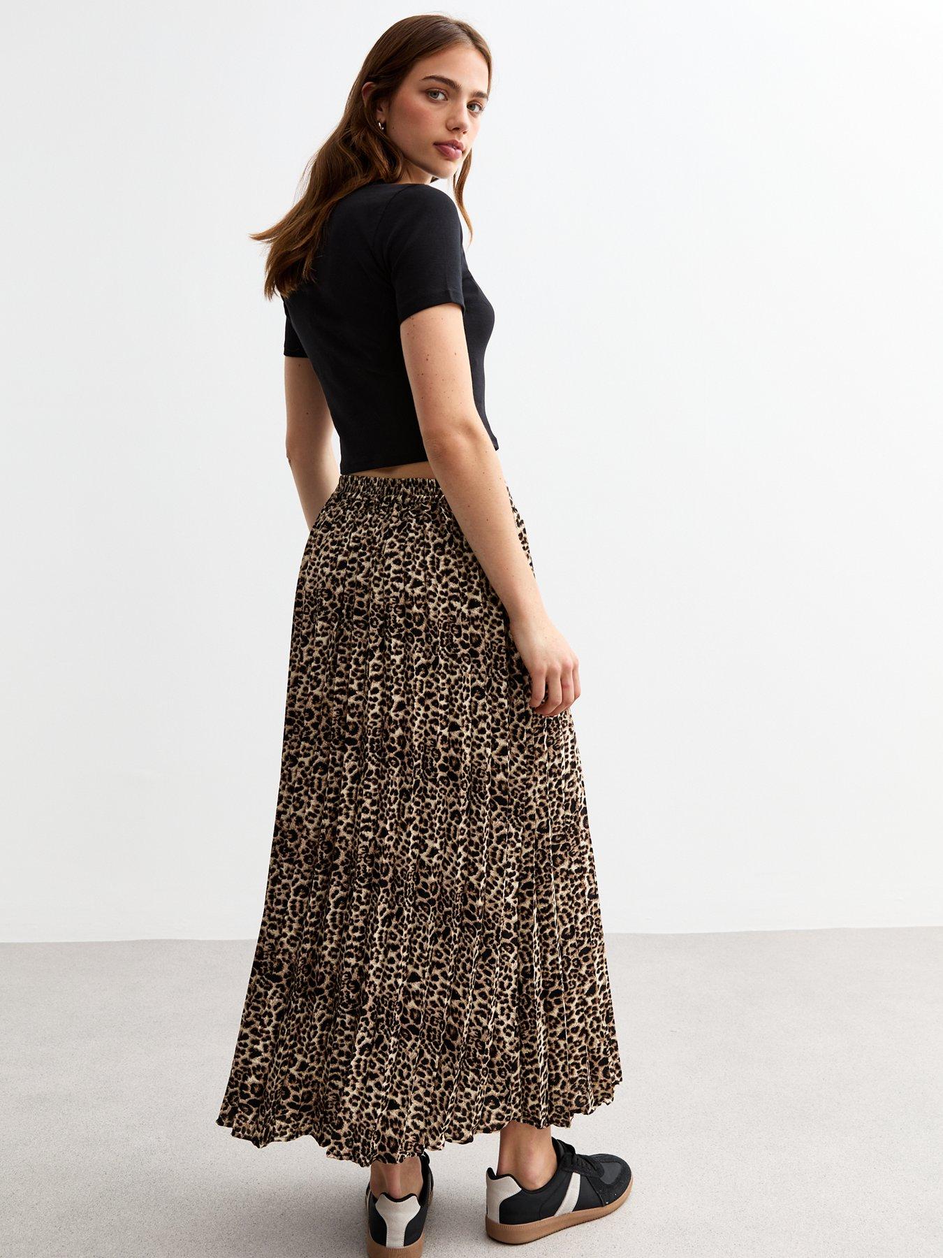 New Look Brown Leopard Print Pleated Midi Skirt Very