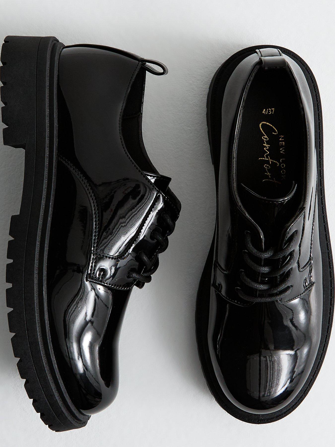 Patent Leather Look Chunky Lace Up Shoes Black