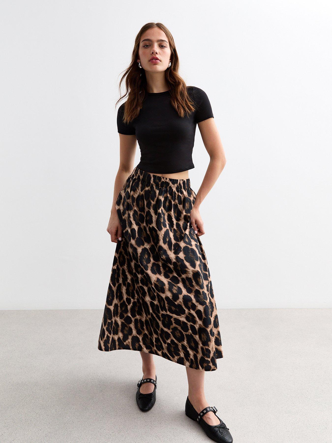 Brown Leopard Print Poplin Cotton Skirt