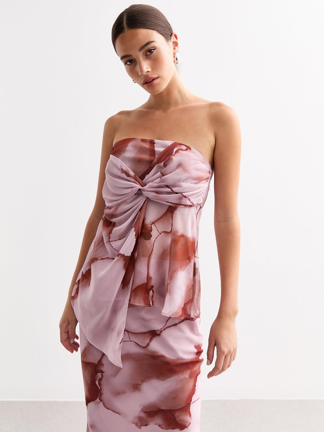undefined Marble Print Tie Front Bandeau Top - Print