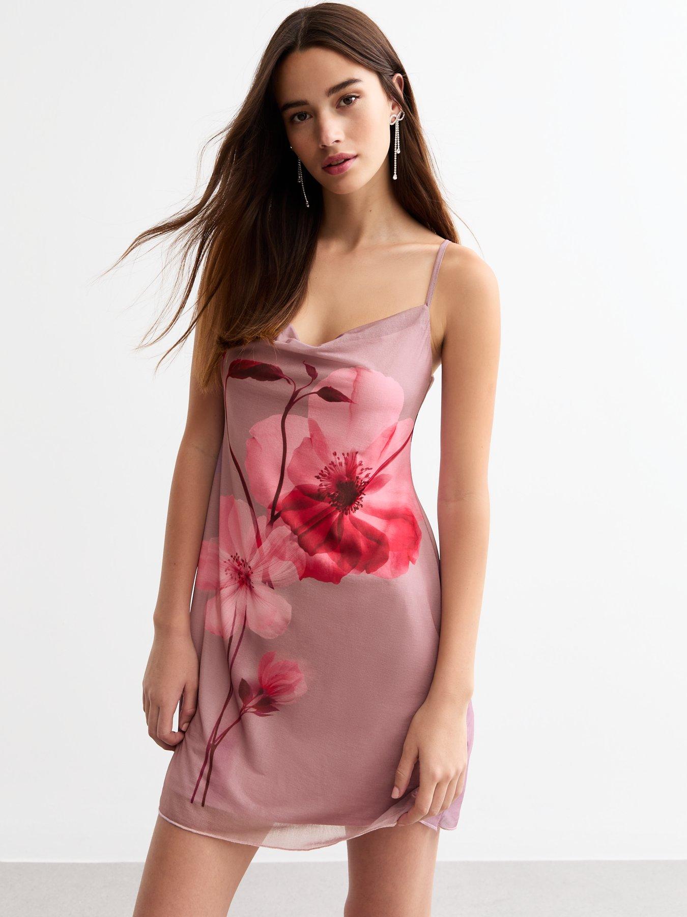 undefined Rose Print Mesh Strappy Mini Dress - Pink
