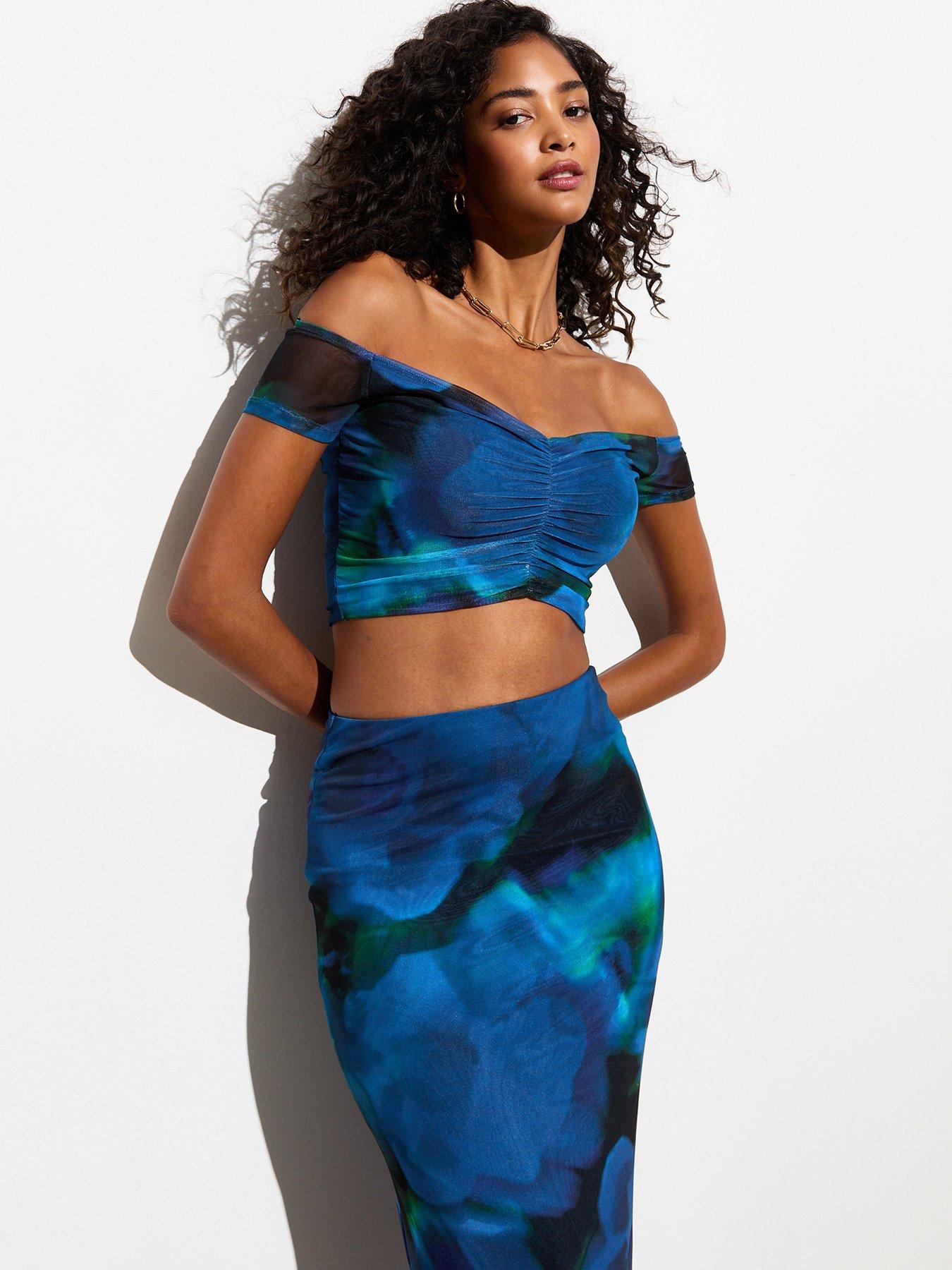 undefined Blue Floral Print Bardot Crop Top