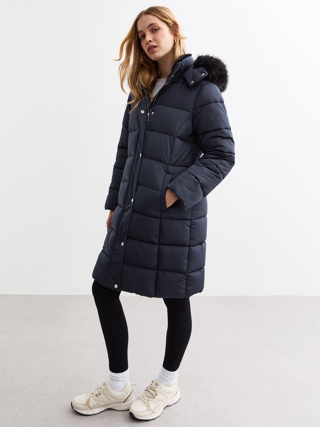 Faux Fur Trim Hood Long Puffer Coat Navy