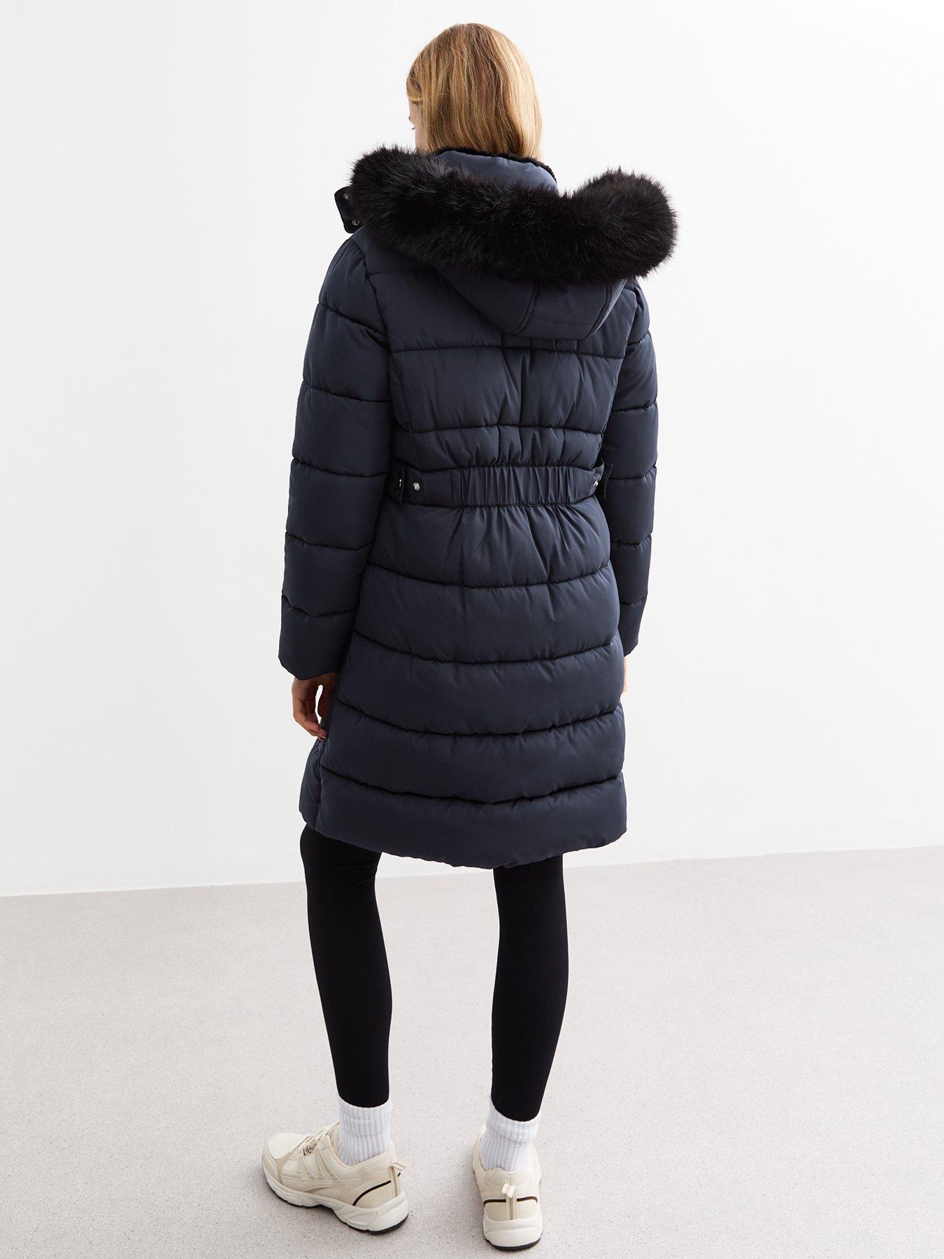 New Look Navy Faux Fur Trim Hood Long Puffer Coat Very