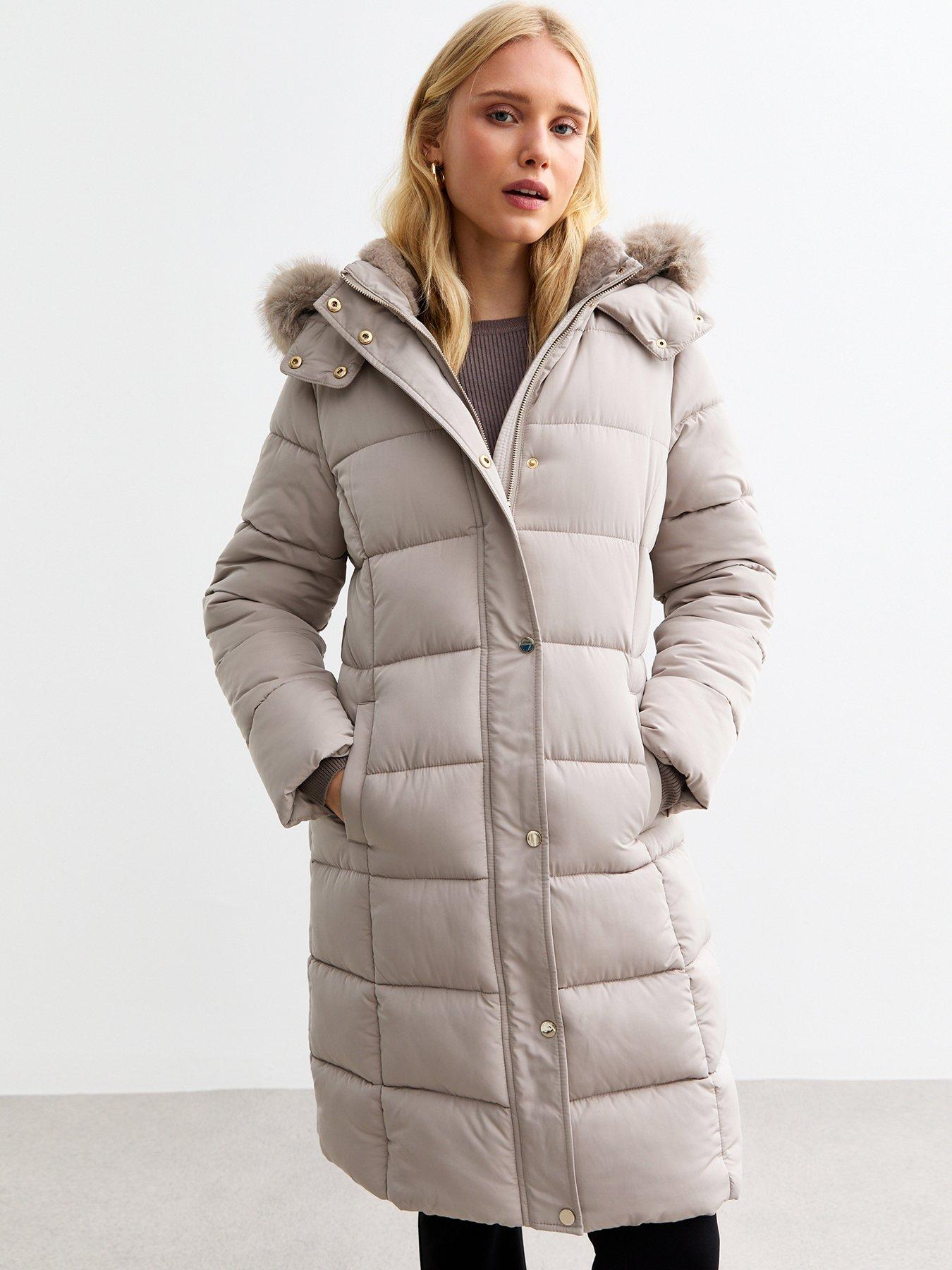 New Look Mink Faux Fur Trim Hood Long Puffer Coat Very