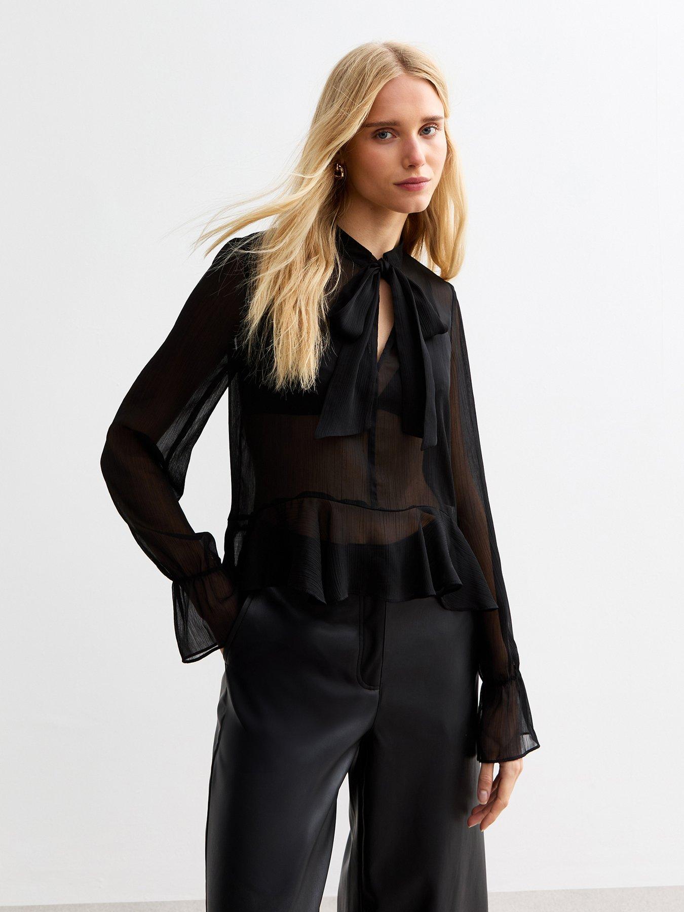 undefined Bow Front Peplum Top - Black