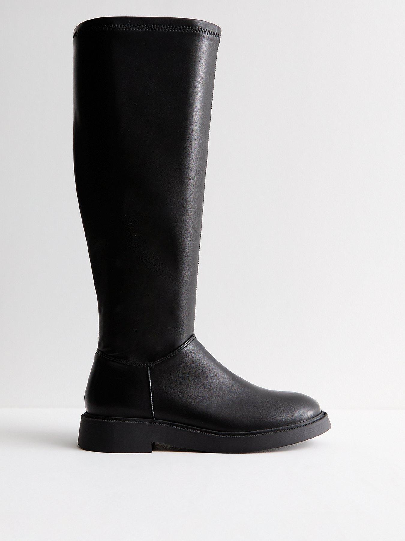 New Look Black Chunky Heel Leather look Knee High Boots Very