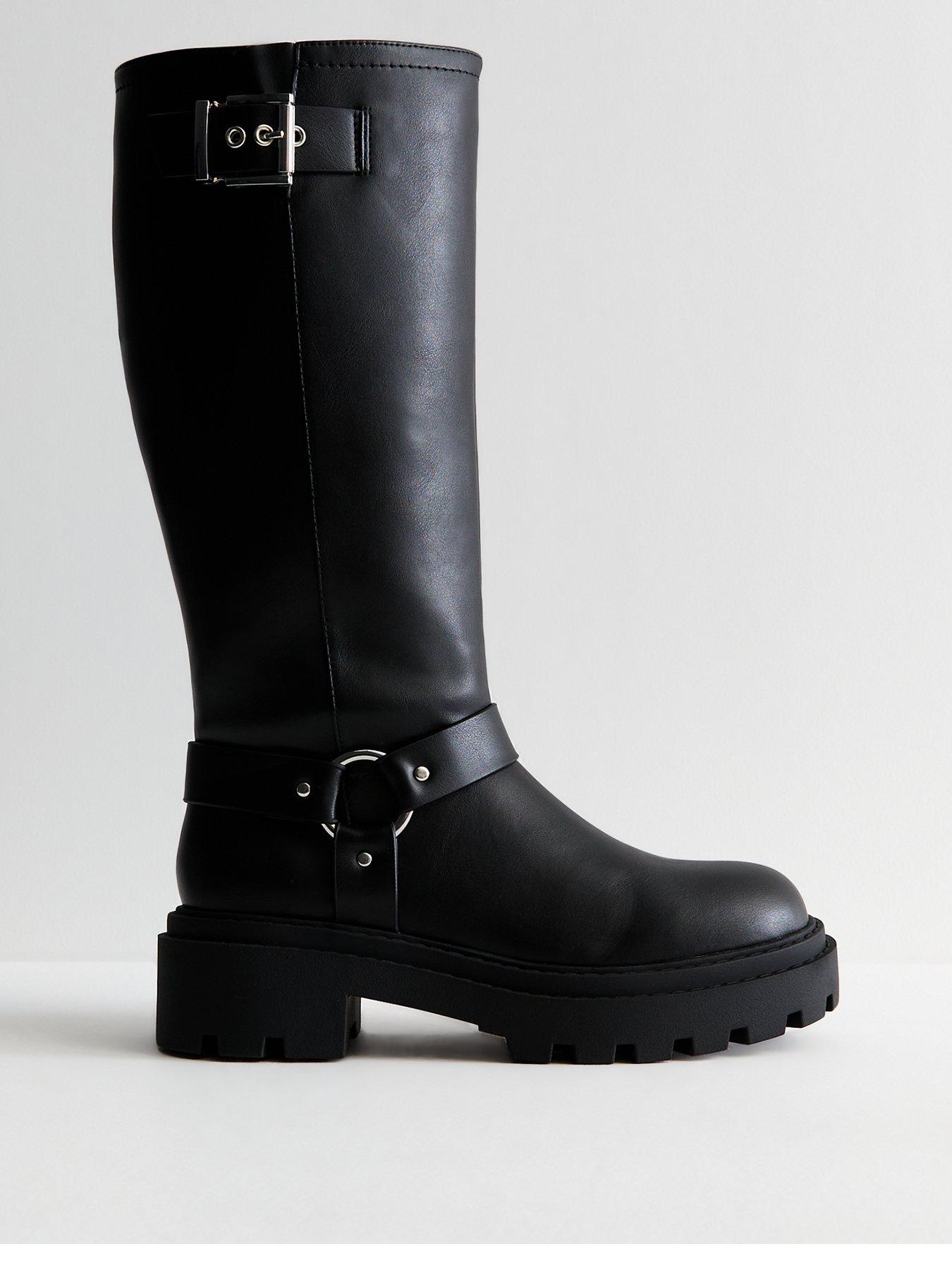 undefined Extra Wide Calf Fit Leather-Look Buckled Knee-High Biker Boots - Black