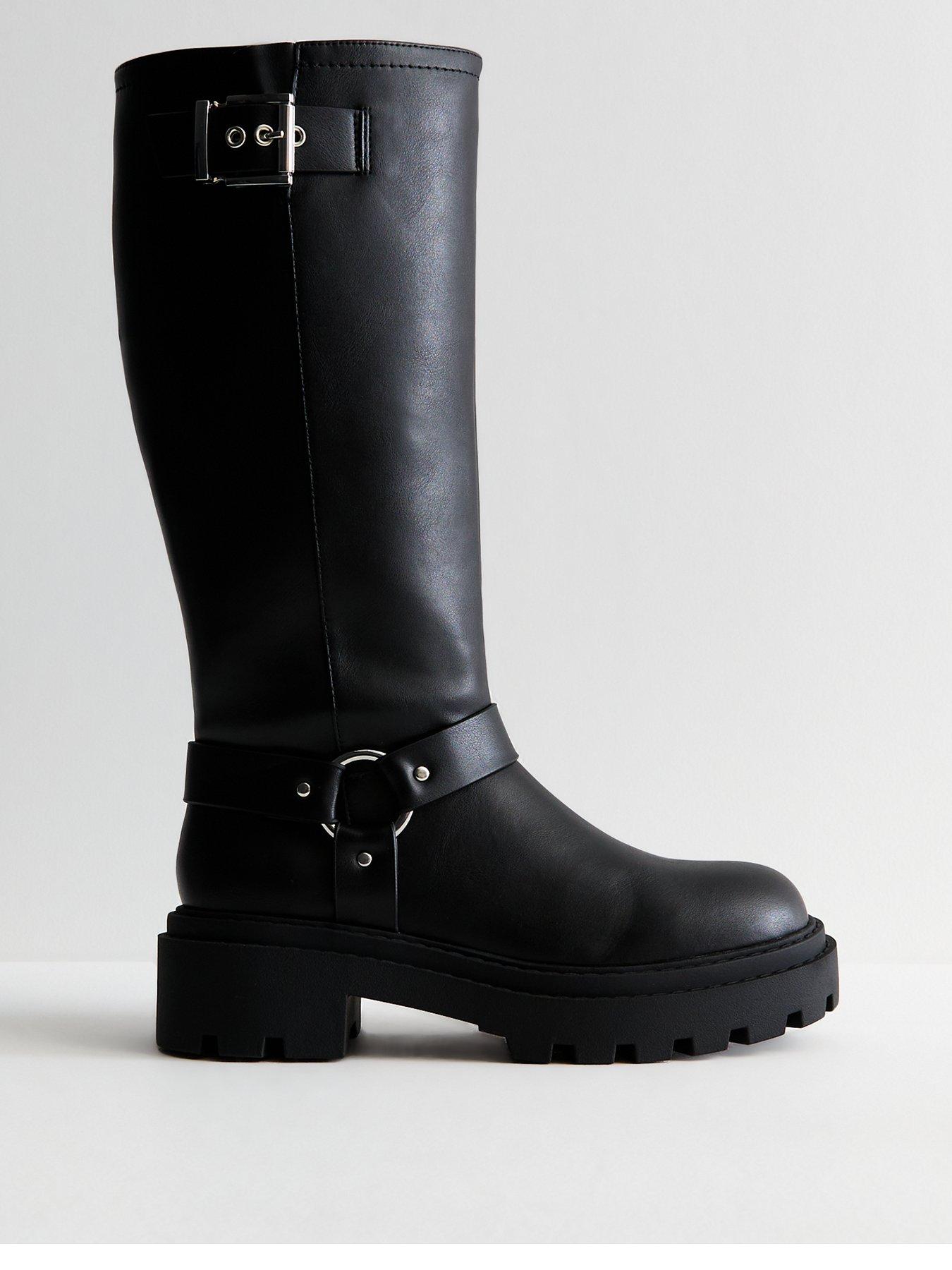 Extra Wide Calf Fit Leather Look Buckled Knee High Biker Boots Black