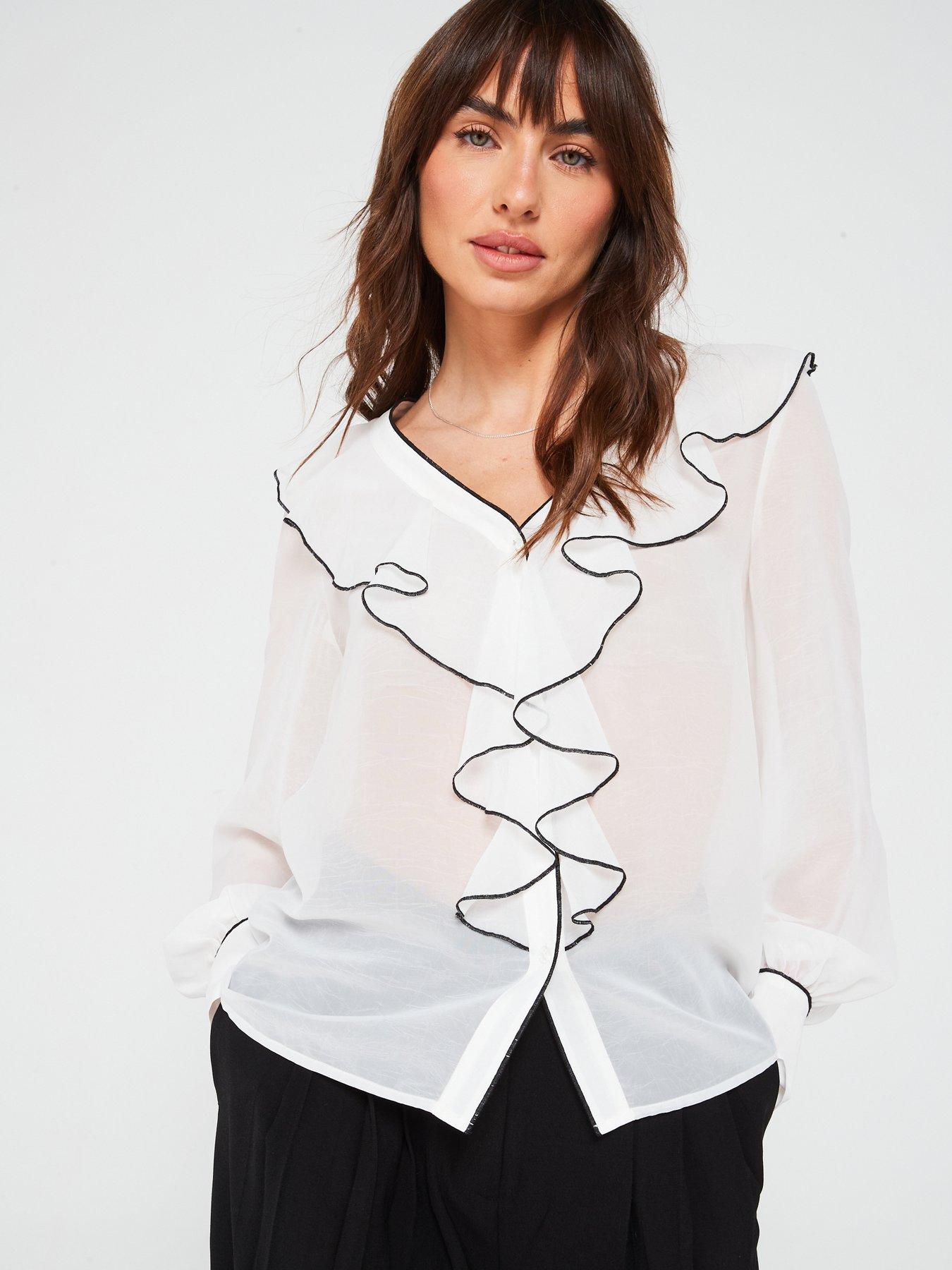 Image of V by Very Contrast Ruffle Blouse - Ivory