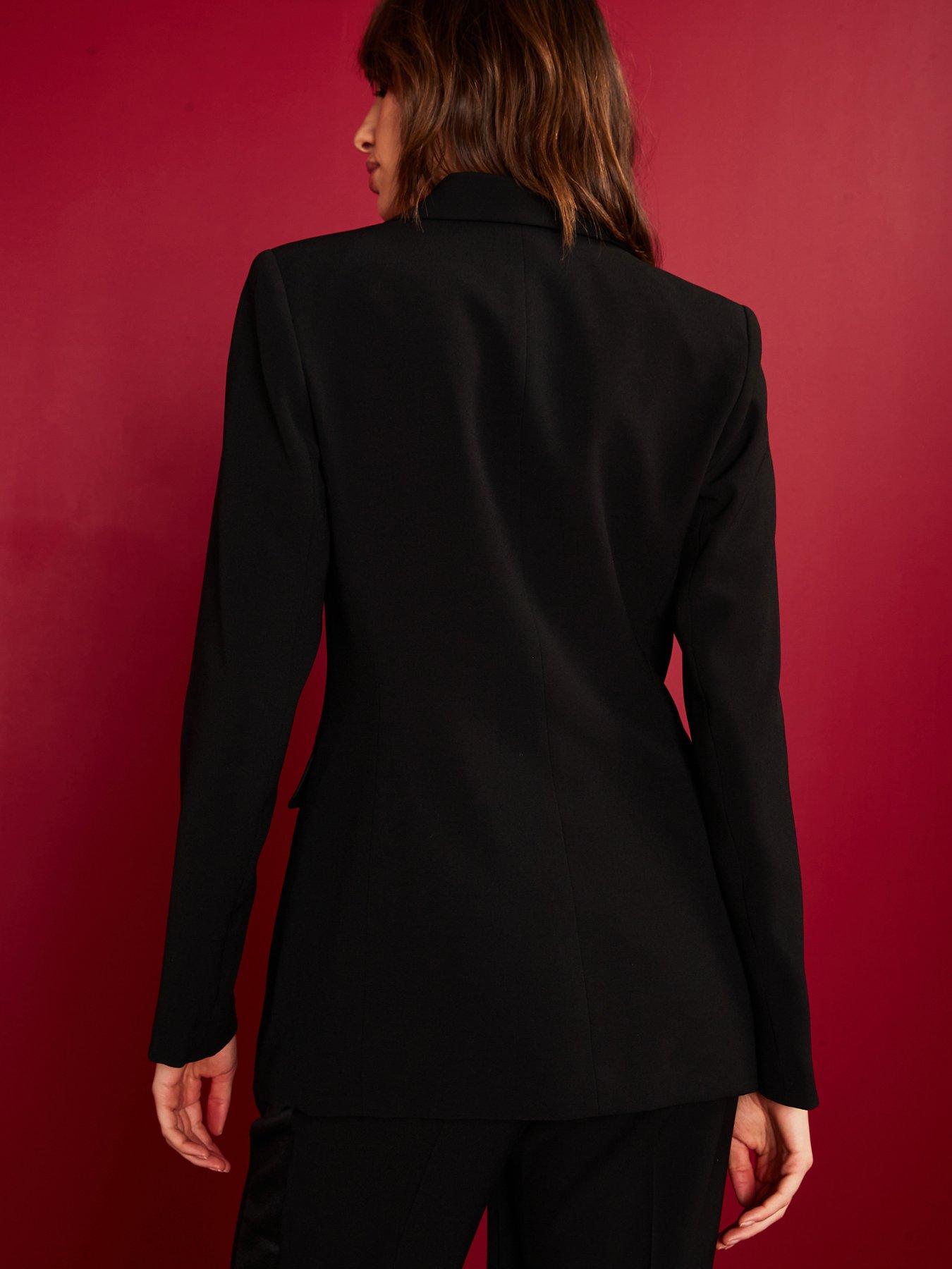 JAY - Silk Crepe Black Satin Evening Blazer With Peak Lapel in Black