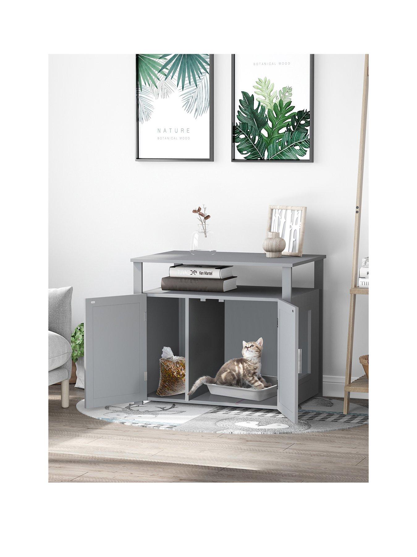 PawHut Wood Cat Litter Box Enclosure Furniture w Adjustable Interior Wall Grey Very