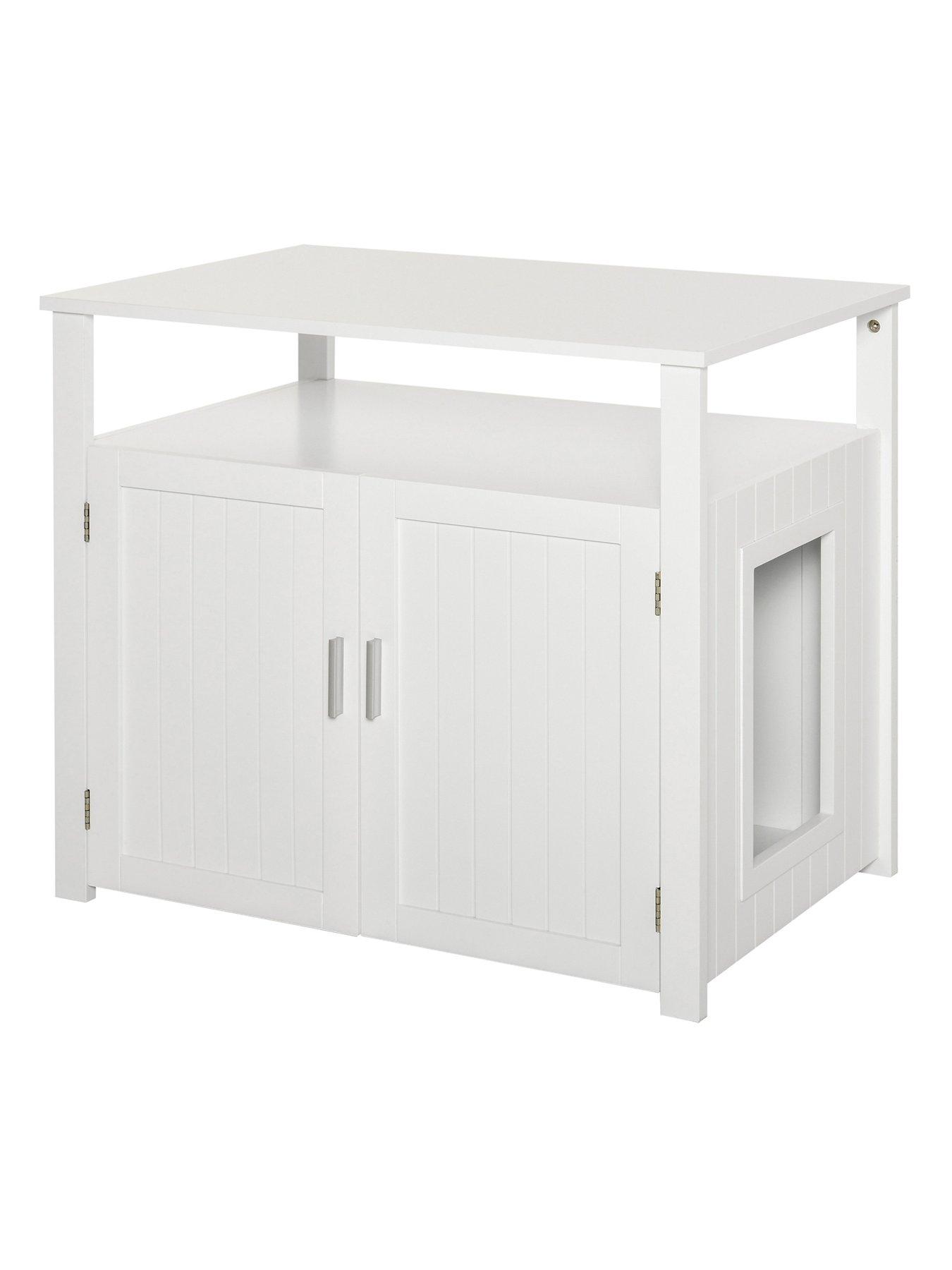 PawHut Wood Cat Litter Box Enclosure Furniture w/ Adjustable Interior Wall (White)