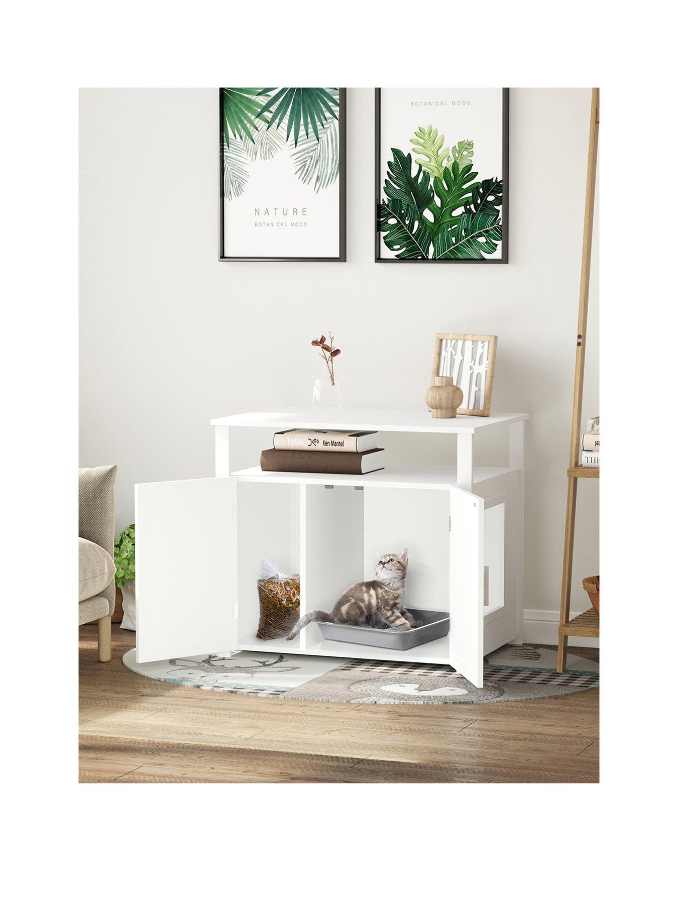 Image 2 of 7 of PawHut Wood Cat Litter Box Enclosure Furniture w/ Adjustable Interior Wall (White)