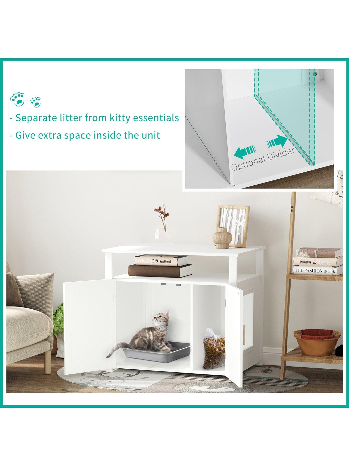 Image 4 of 7 of PawHut Wood Cat Litter Box Enclosure Furniture w/ Adjustable Interior Wall (White)