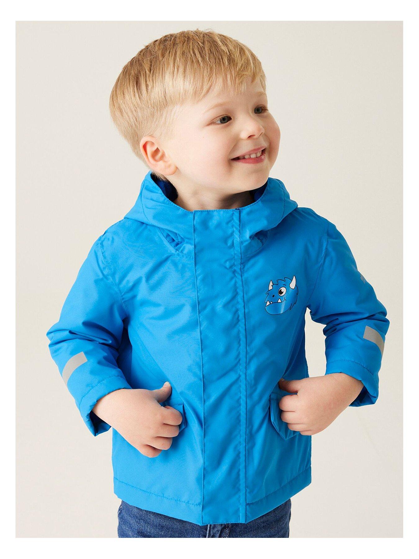 Regatta Kids Animal Rainy Day Jacket Waterproof Insulated Jacket Spike The Monster-Blue