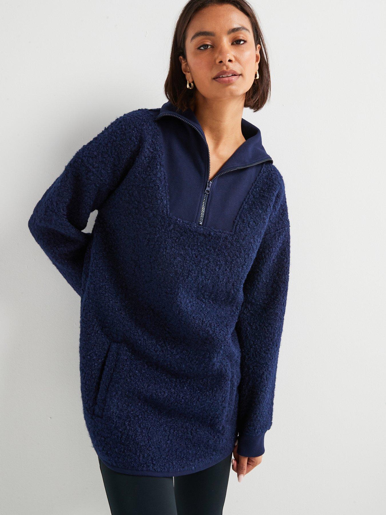 undefined Ribbed Borg Zip Through Top - Navy