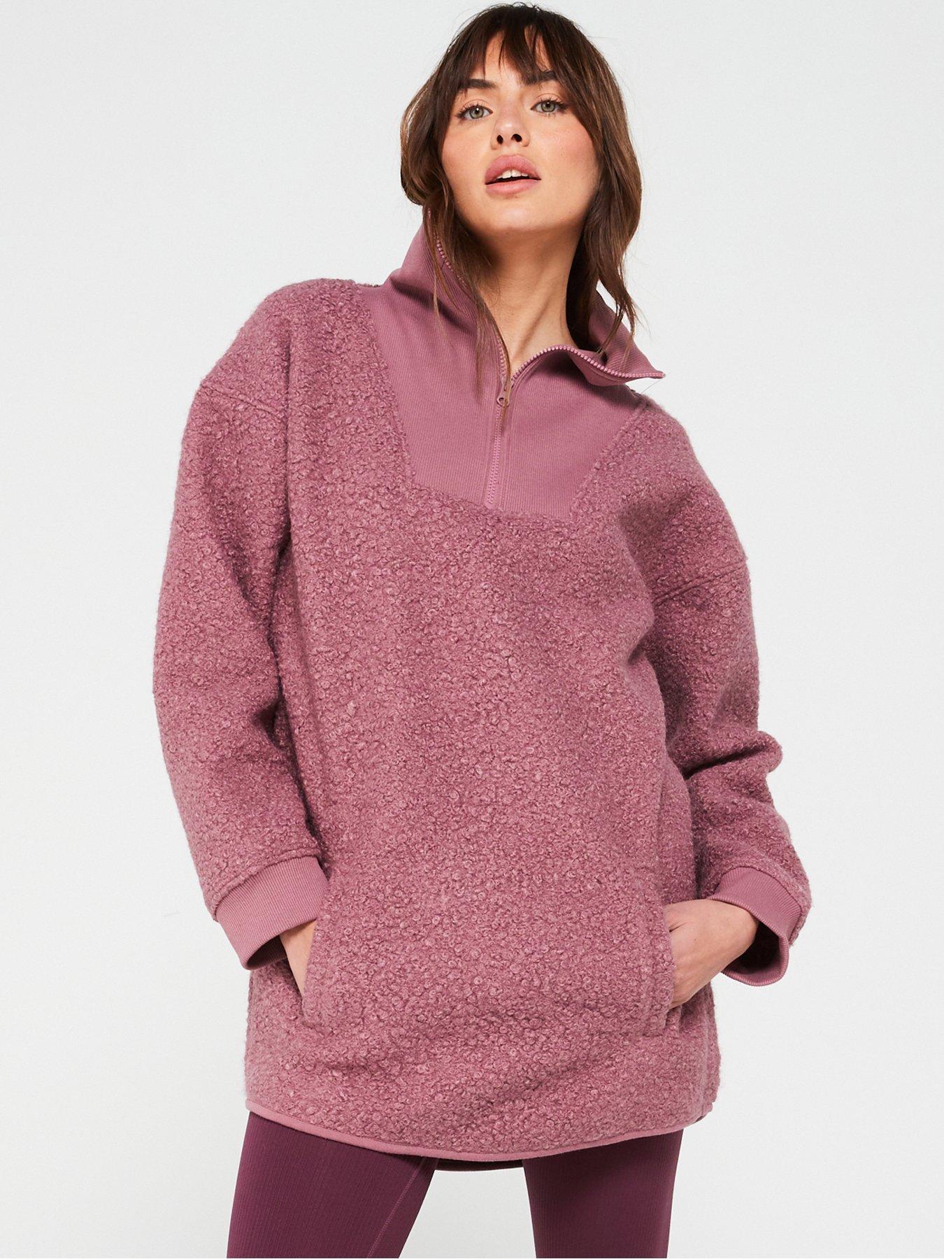 undefined Ribbed Borg Zip Through Fleece Top - Pink