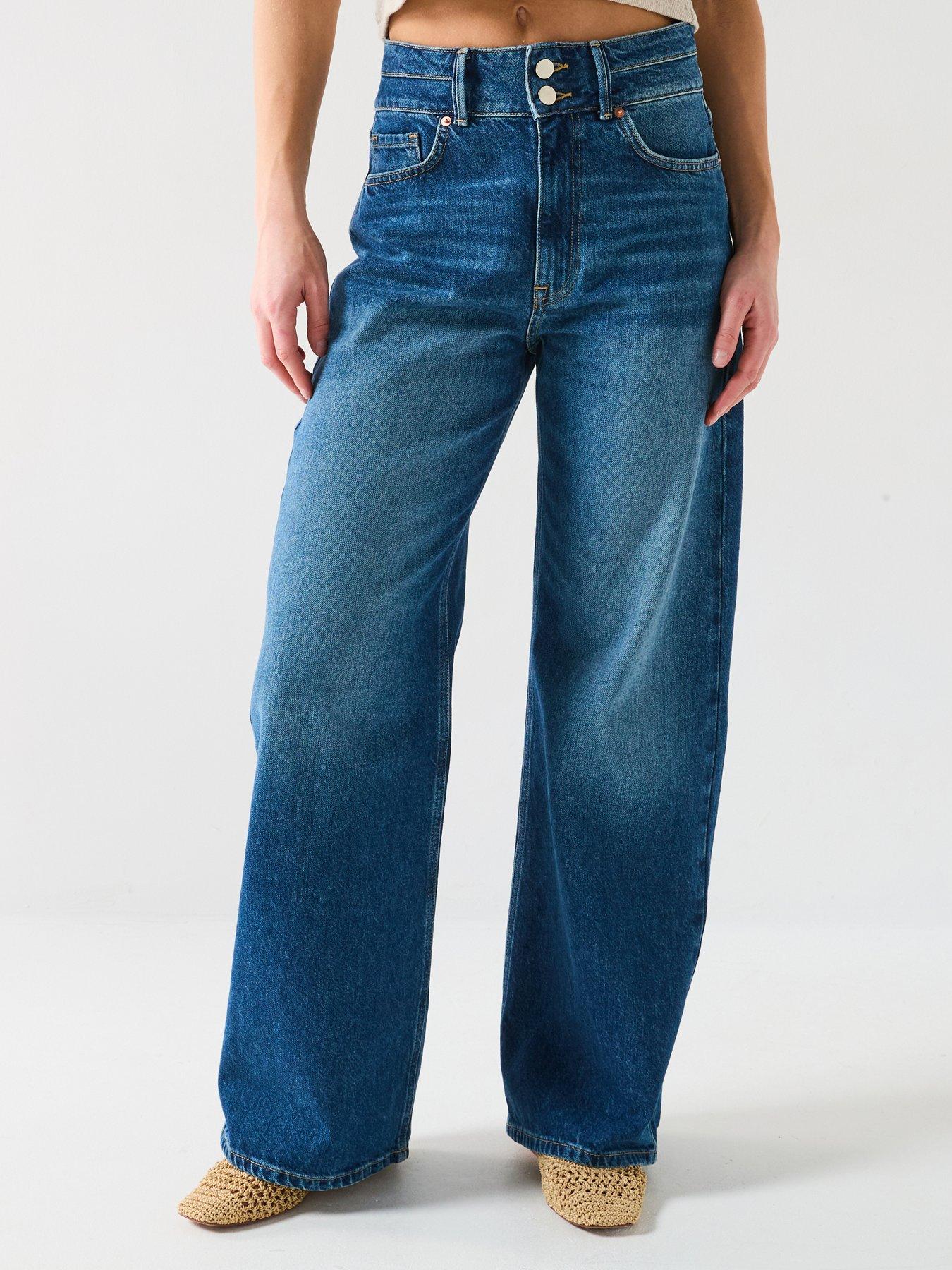 undefined Double Button Wide Leg Jeans - Dark Wash