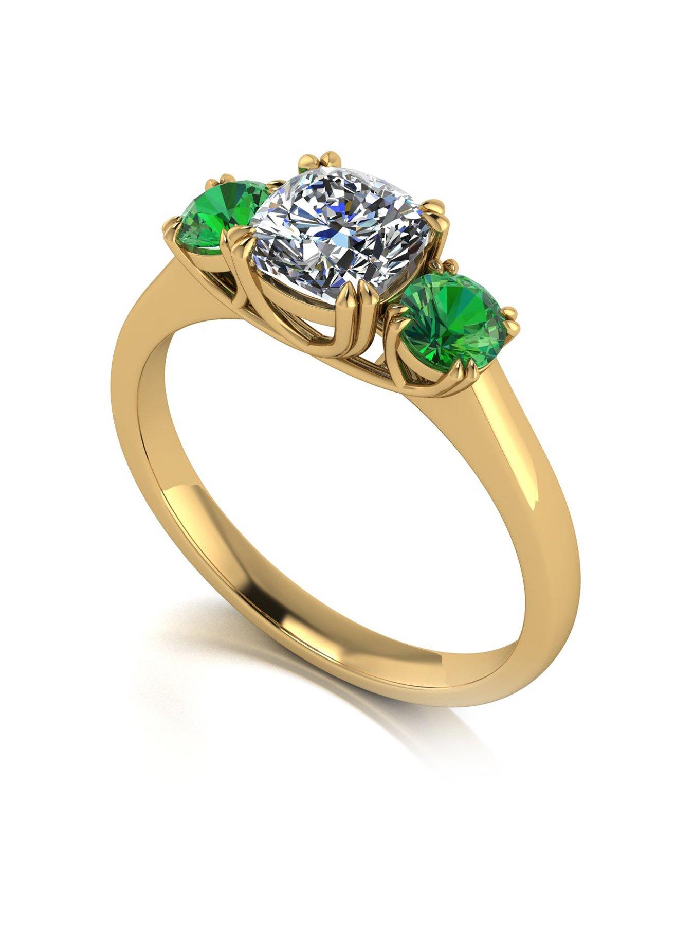 Product photograph of Moissanite 9ct Gold Criss Cross Cut Cushion Starlight Moissanite With Created Emerald 1 6cts Total Eq Trilogy Ring from very.co.uk