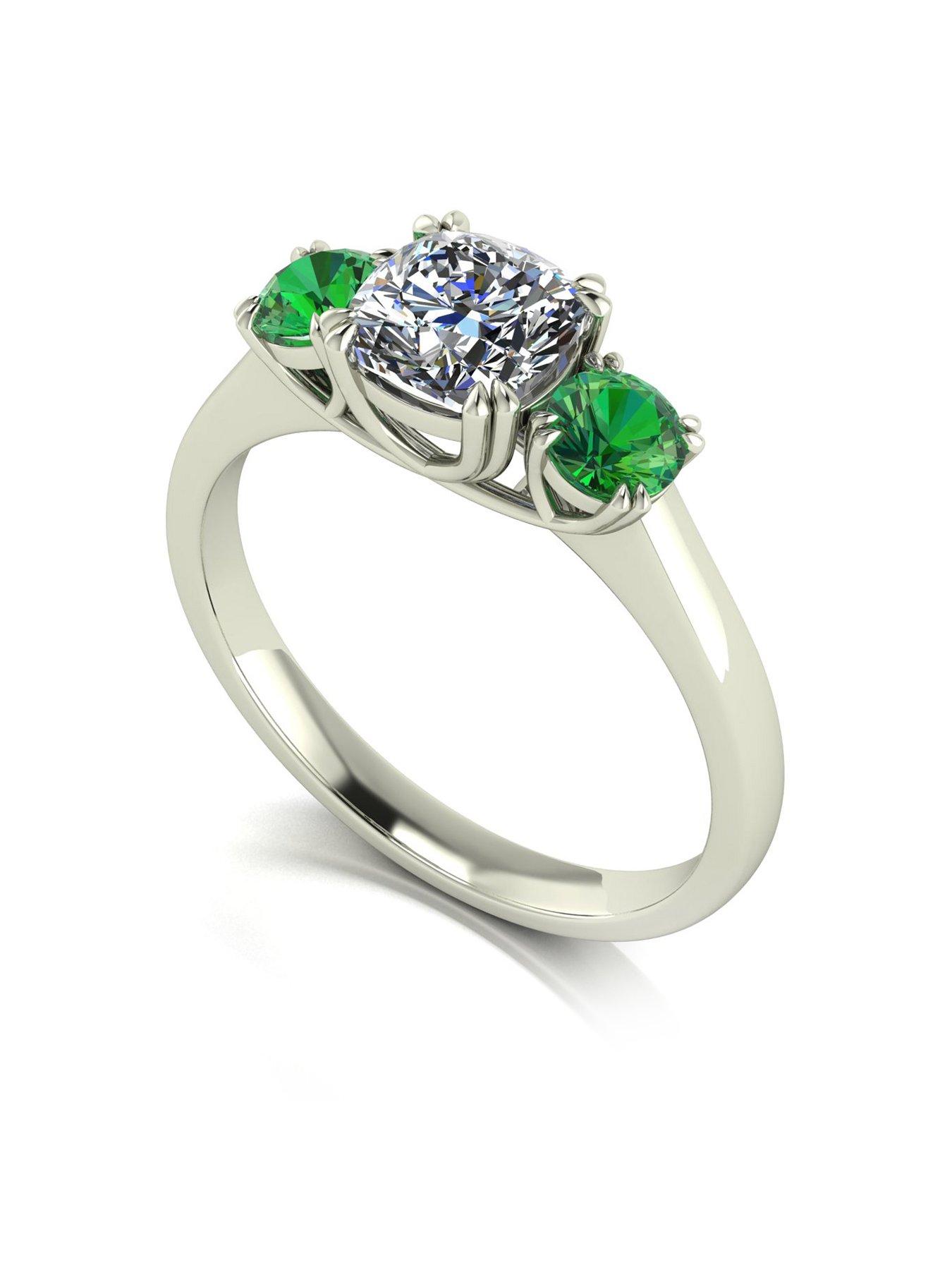 Product photograph of Moissanite 9ct White Gold Criss Cross Cut Cushion Starlight Moissanite With Created Emerald 1 6cts Total Eq Trilogy Ring from very.co.uk