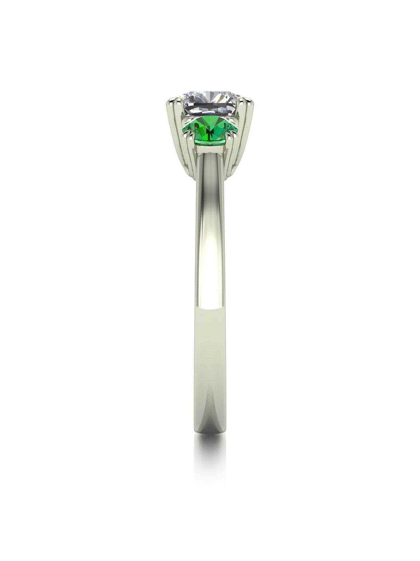 Image 3 of 6 of Moissanite 9ct White Gold Criss Cross Cut Cushion Starlight Moissanite with Created Emerald 1.6cts total eq Trilogy Ring