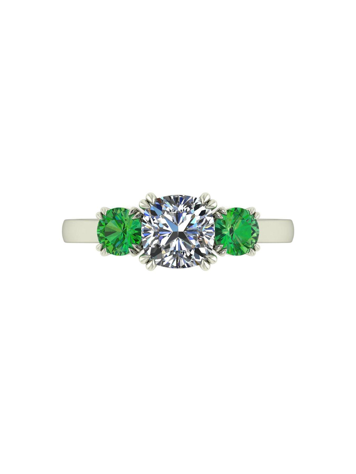 Image 4 of 6 of Moissanite 9ct White Gold Criss Cross Cut Cushion Starlight Moissanite with Created Emerald 1.6cts total eq Trilogy Ring