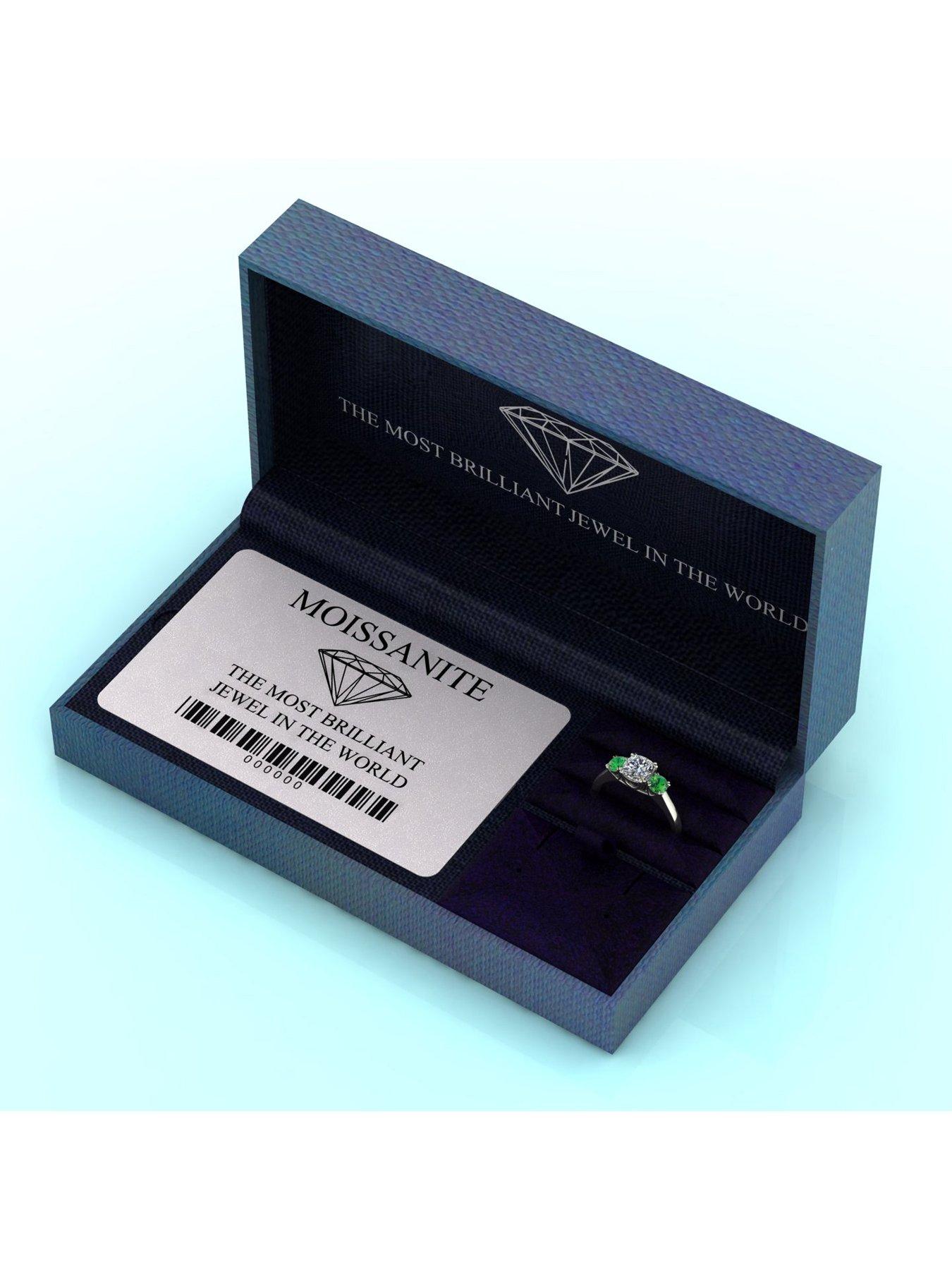 Image 5 of 6 of Moissanite 9ct White Gold Criss Cross Cut Cushion Starlight Moissanite with Created Emerald 1.6cts total eq Trilogy Ring
