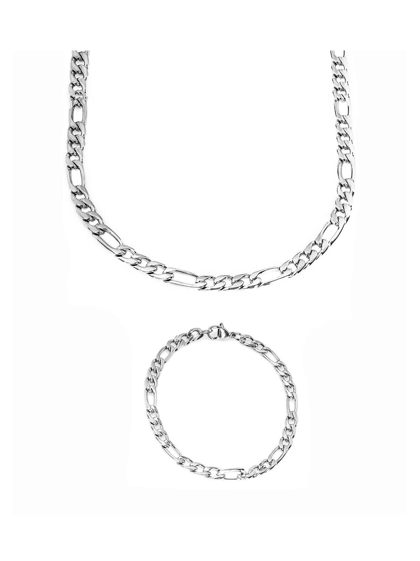 Product photograph of The Love Silver Collection Men S Figaro 316 Steel Chain Necklace And Bracelet Set from very.co.uk