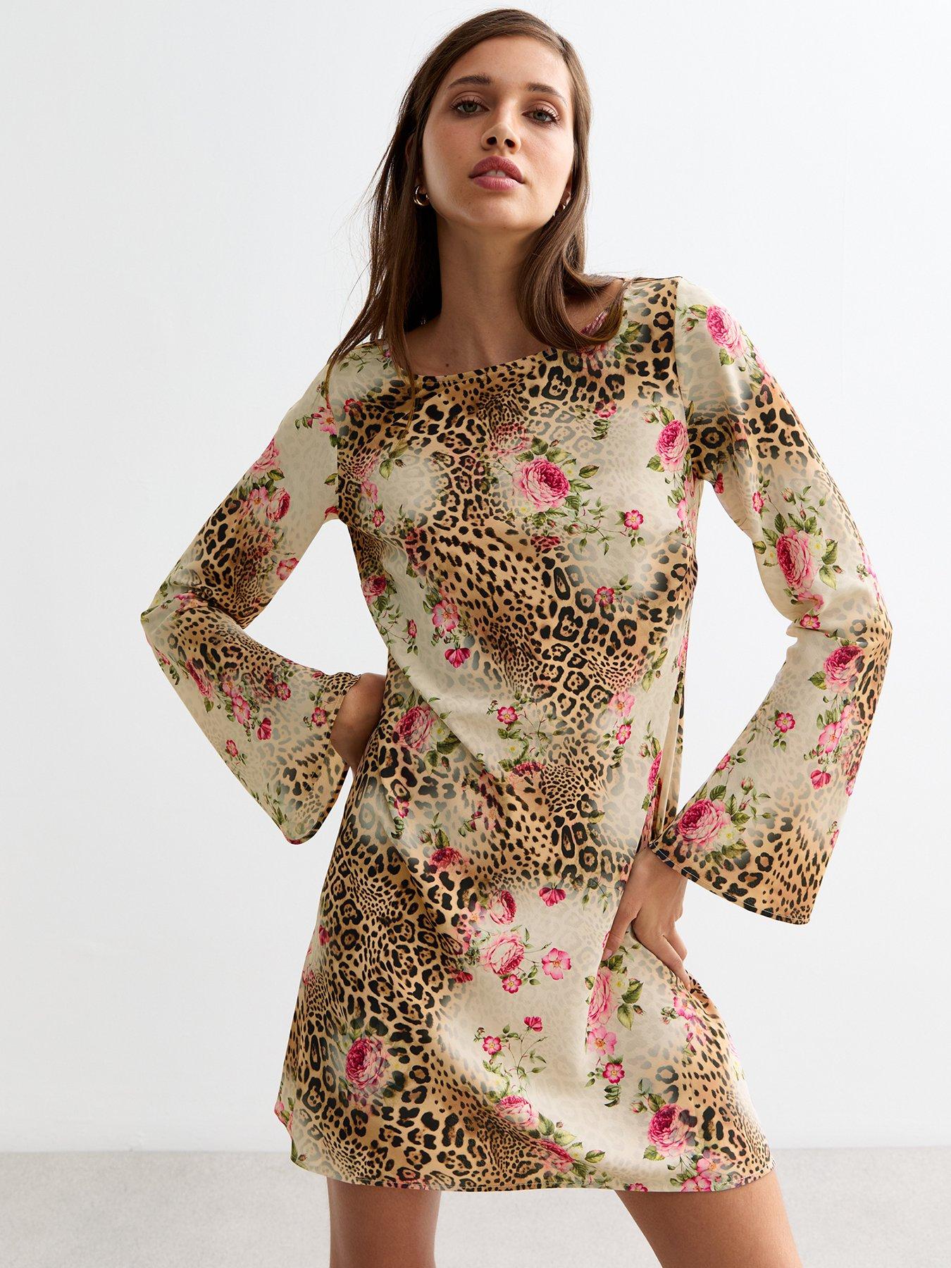 undefined Rose Leopard Long-Sleeve Mini Dress - Brown