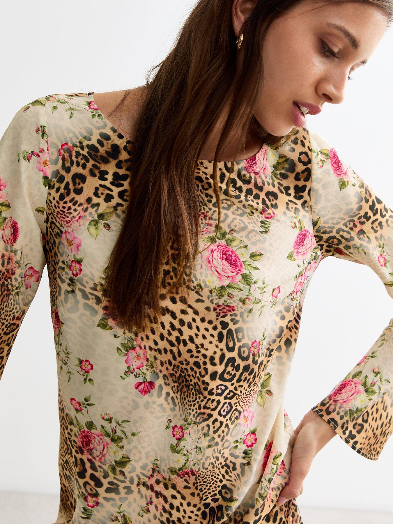 New Look Brown Rose Leopard Print Long sleeve Mini Dress Very