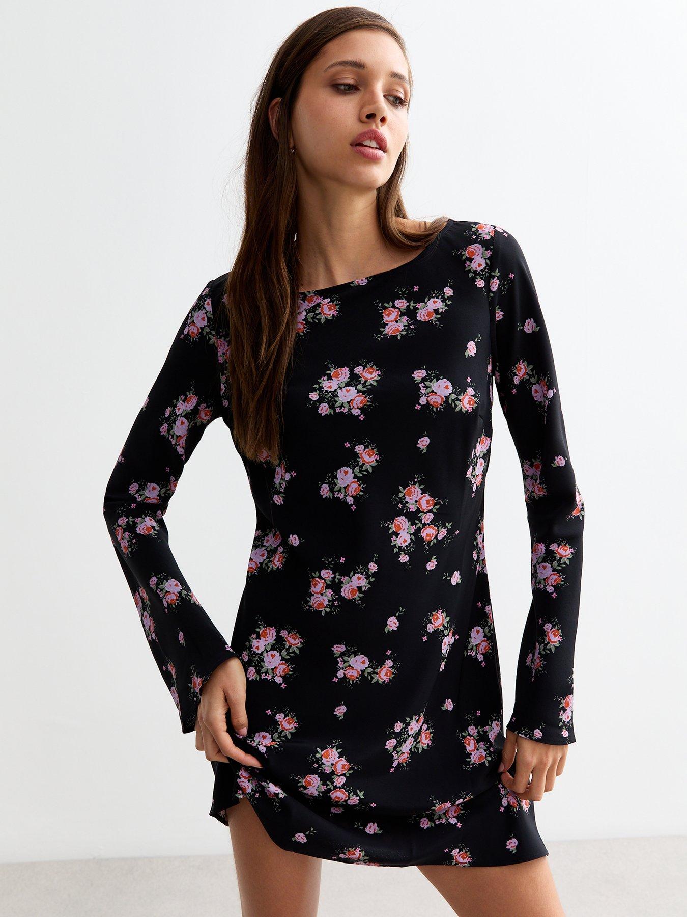 undefined Black Ditsy Rose Pattern Long Sleeve Mini Dress