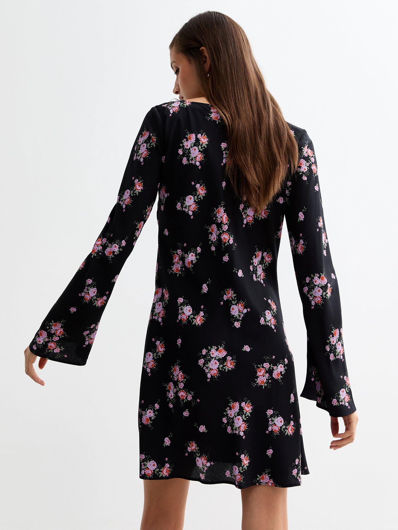 New Look Black Ditsy Rose Pattern Long Sleeve Mini Dress | Very