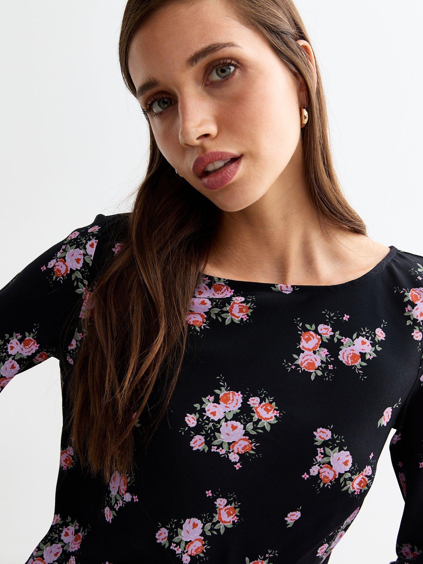 New Look Black Ditsy Rose Pattern Long Sleeve Mini Dress | Very