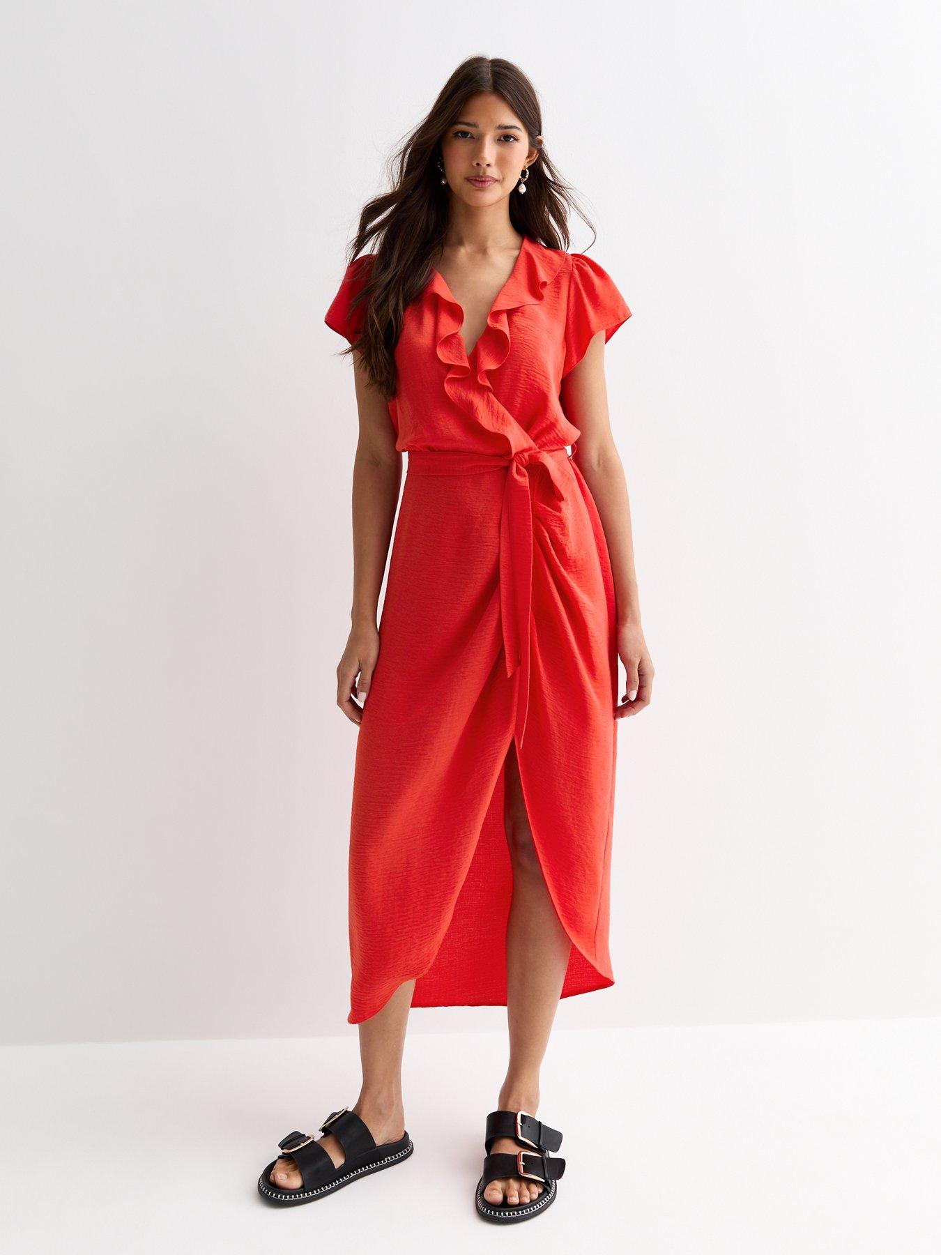 New Look Red Wrap-front Frill-trim Belted Midi Dress | Very.co.uk