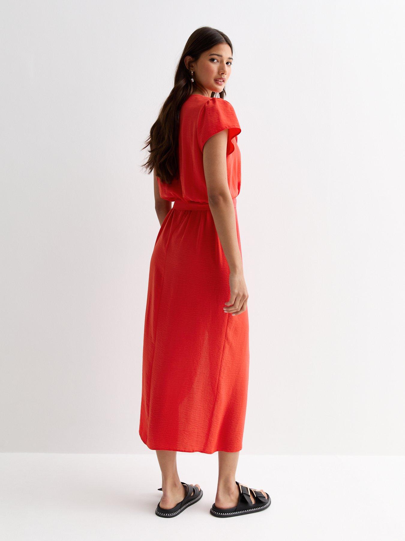 New Look Red Wrap-front Frill-trim Belted Midi Dress | Very.co.uk