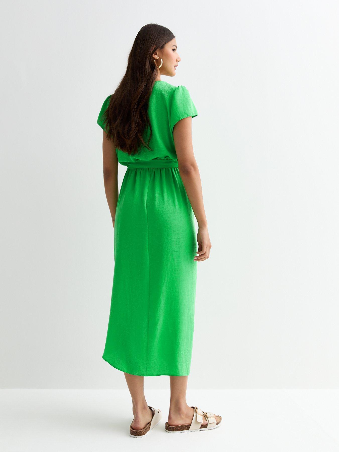 Green Wrap front Frill trim Belted Midi Dress