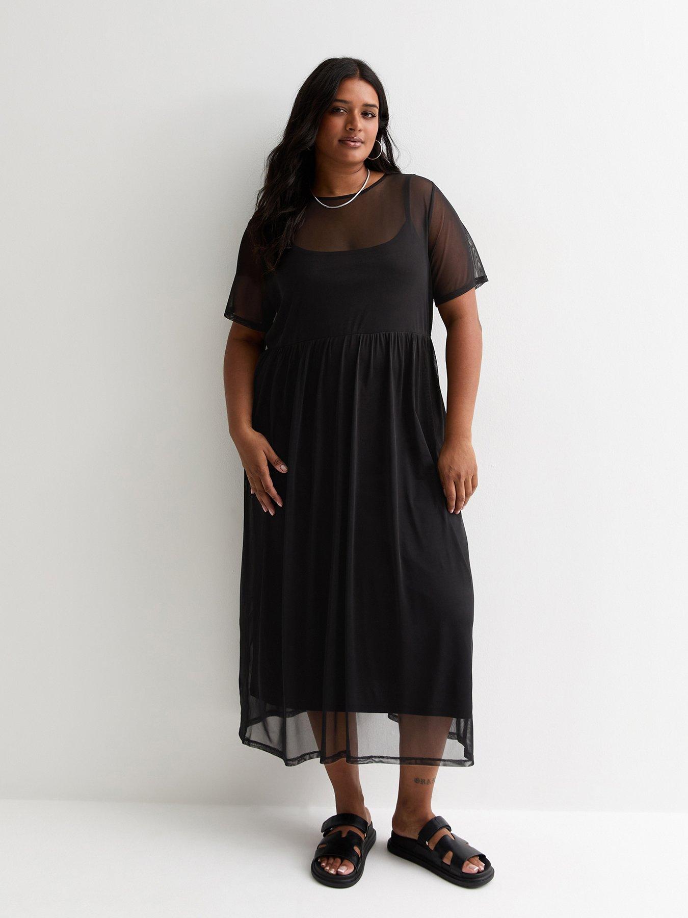 New Look Curves Mesh Layered Midi Dress Black Very